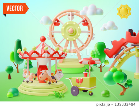 3d Amusement Park with Ferris Wheel and Street Food Stall on a Landscape Concept Cartoon Design Style. Vector illustration 3d Amusement Park with Ferris Wheel and Street Food Stall on a Landscape Concept Cartoon Design Style. Vector illustration 135332484