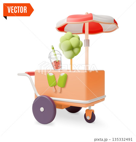 3d Colorful Ice Cream Snack Street Fast Food Market Stall with Cotton Candy and Soda Amusement Park Concept Cartoon Design Style. Vector illustration 3d Colorful Ice Cream Snack Street Fast Food Market Stall with Cotton Candy and Soda Amusement Park Concept Cartoon Design Style. Vector illustration 135332491