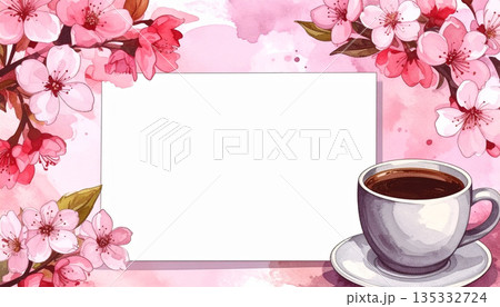 桜とコーヒー（春のイメージフレーム　コピースペースのあるイラスト素材） 135332724