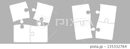 Two minimal jigsaw puzzles with four square pieces arranged as partially connected blocks clean outline illustration representing business teamwork strategy problem solving and project development Two minimal jigsaw puzzles with four square pieces arranged as partially connected blocks clean outline illustration representing business teamwork strategy problem solving and project development 135332764