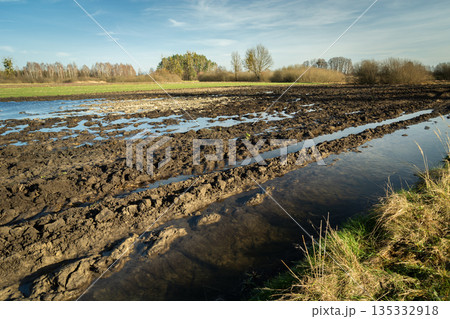 View of a plowed field with puddles of water after the melt 135332918