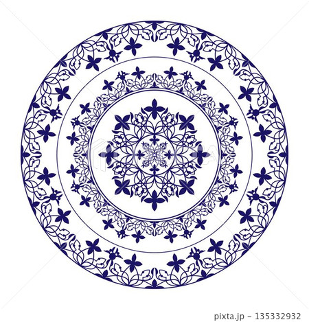 Decorative plate with floral ornament. Geometric Seamless Pattern. Detail and element for design and postcards, Sandblasting, ceramic, patchwork, Borders and frames. Vector illustration in blue color. Decorative plate with floral ornament. Geometric Seamless Pattern. Detail and element for design and postcards, Sandblasting, ceramic, patchwork, Borders and frames. Vector illustration in blue color. 135332932