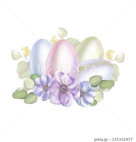 Watercolor illustration soft blue pink Easter egg with lilac anemone flowers and eucalyptus branches in high resolution on a white background. Suitable for decoration, cards, invitations pastel color. 135332977