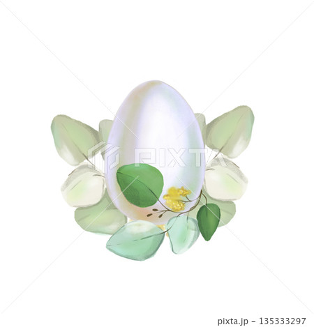 watercolor illustration of a soft blue Easter egg high-resolution with eucalyptus branches on a white background. Perfect for decoration, cards, and invitations. Pastel colors. 135333297