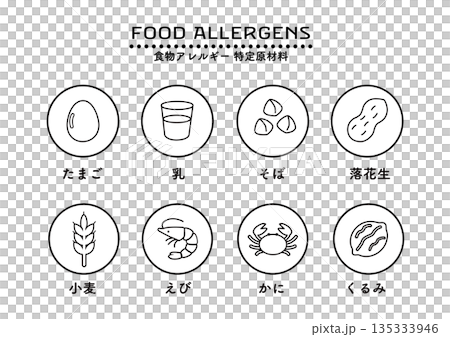 食物アレルギー表示　アレルゲンのイラスト　マーク　アイコン 135333946