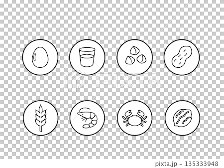 食品過敏標籤、過敏原圖示、標記、圖標 食品過敏標籤、過敏原圖示、標記、圖標 135333948