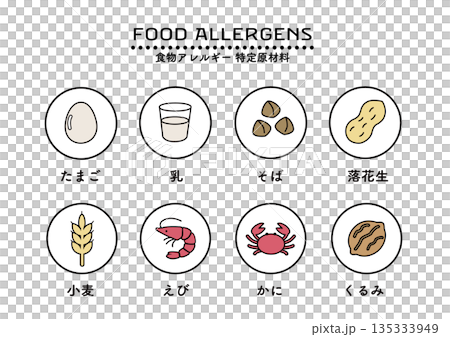 食物アレルギー表示 アレルゲンのイラスト マーク アイコン 食物アレルギー表示 アレルゲンのイラスト マーク アイコン 135333949
