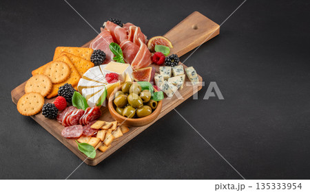 Charcuterie board with prosciutto, cheeses, olives and crackers on dark background 135333954