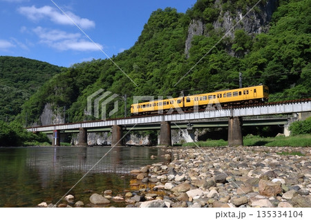 新緑の高梁川を渡る伯備線115系2両編成 新緑の高梁川を渡る伯備線115系2両編成 135334104