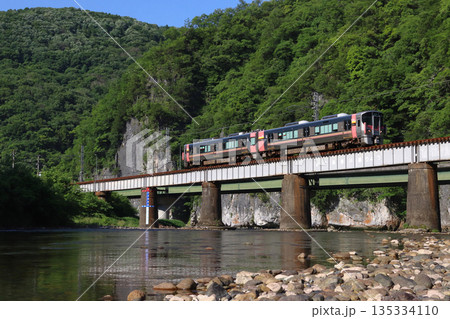 新緑の高梁川を渡る伯備線227系Urara 135334110