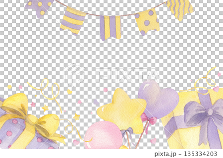 Frame of birthday cake, garland of flags, serpentines, gifts, confetti and lollipops. For packing paper, greeting cards, decoration and illustration. Frame of birthday cake, garland of flags, serpentines, gifts, confetti and lollipops. For packing paper, greeting cards, decoration and illustration. 135334203