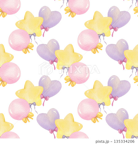 Seamless pattern of heart, round and star shaped objects with the bows. For fabric, packing paper, greeting cards, design, decoration and illustration. Seamless pattern of heart, round and star shaped objects with the bows. For fabric, packing paper, greeting cards, design, decoration and illustration. 135334206