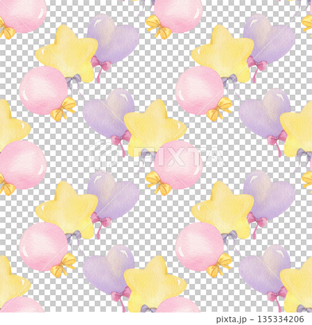 Seamless pattern of heart, round and star shaped objects with the bows. For fabric, packing paper, greeting cards, design, decoration and illustration. Seamless pattern of heart, round and star shaped objects with the bows. For fabric, packing paper, greeting cards, design, decoration and illustration. 135334206