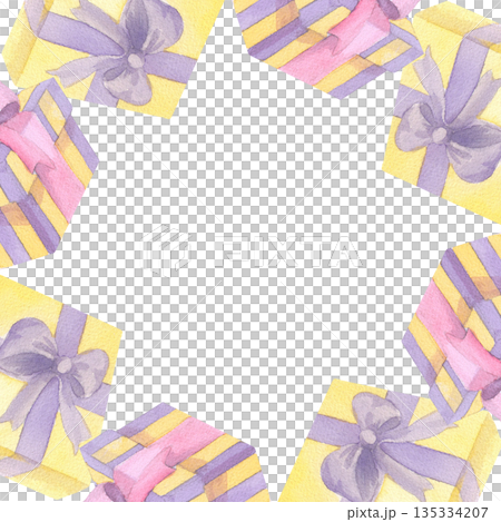 Square frame of gifts boxes. Handmade illustration of gift box. For fabric, packing paper, greeting cards, design, decoration and illustration. Square frame of gifts boxes. Handmade illustration of gift box. For fabric, packing paper, greeting cards, design, decoration and illustration. 135334207