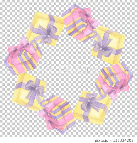 Wreath of gifts boxes. Handmade illustration of gift box. For fabric, packing paper, greeting cards, design, decoration and illustration. Wreath of gifts boxes. Handmade illustration of gift box. For fabric, packing paper, greeting cards, design, decoration and illustration. 135334208