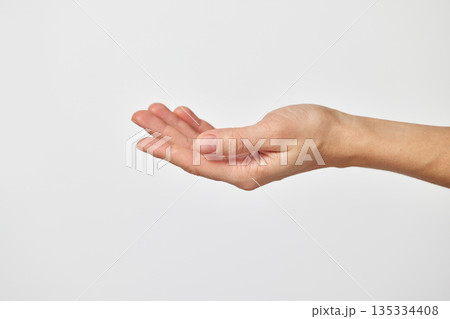 Human hand showing an open palm gesture on a plain white background Human hand showing an open palm gesture on a plain white background 135334408