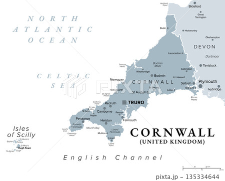 Cornwall, ceremonial county in South West England, United Kingdom, gray political map, with county town Truro, and the Isles of Scilly, bordered by Devon, Atlantic Ocean, and English Channel. Vector Cornwall, ceremonial county in South West England, United Kingdom, gray political map, with county town Truro, and the Isles of Scilly, bordered by Devon, Atlantic Ocean, and English Channel. Vector 135334644