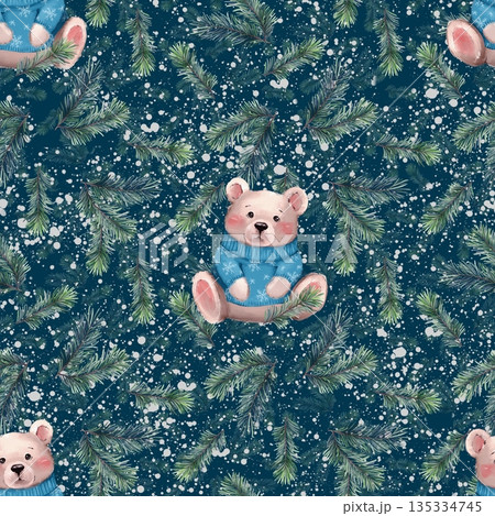 Cozy holiday background with hand-drawn bear surrounded by snowy pine branches. This repeatable design is ideal for festive wrapping paper, winter textiles, and seasonal nursery decor. Cozy holiday background with hand-drawn bear surrounded by snowy pine branches. This repeatable design is ideal for festive wrapping paper, winter textiles, and seasonal nursery decor. 135334745