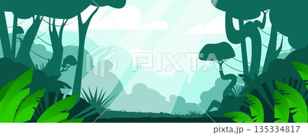 Landscape of tropical jungle with green plants. Rainforest trees and vines. Wild nature panorama. Summer exotic foliage silhouette. Environment scenery. Lush greenery. Vector background 135334817