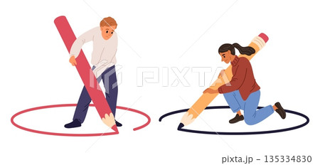 Man and woman draw their comfort zone. Boundary of personal space and privacy. People with big pencils write separation lines. Introvert psychology. Contact barrier. Vector concept 135334830