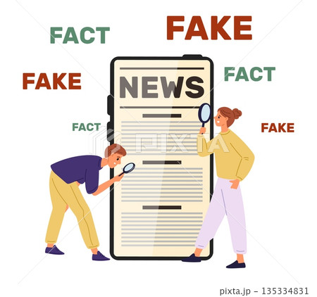 Man and woman study news on phone screen with magnifiers. People checking whether information is fake or fact. Disinformation on social media. Misinformation propaganda. Vector concept Man and woman study news on phone screen with magnifiers. People checking whether information is fake or fact. Disinformation on social media. Misinformation propaganda. Vector concept 135334831