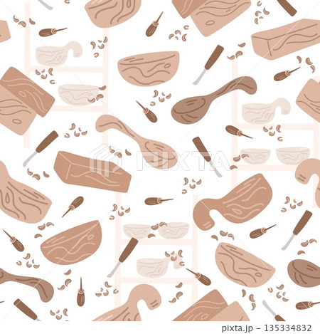Manufacture of wooden tableware seamless pattern. Timber blocks. Woodwork craft. Chisels and spoon cutter. Repeated print. Wood bowl and ladle. Carving hobby tools. Vector background 135334832
