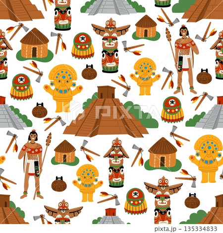 Mayan pyramids, religious totems and golden statuette. Ancient civilization seamless pattern. Aztecs and Incas tribal architecture. Tomahawk and arrow. Indian warrior. Vector background Mayan pyramids, religious totems and golden statuette. Ancient civilization seamless pattern. Aztecs and Incas tribal architecture. Tomahawk and arrow. Indian warrior. Vector background 135334833