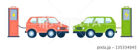 Refueling gasoline powered car or charging electric auto. Electricity charger. Gas station. Vehicle with oil or electrical engine. Battery recharge. Alternative energy. Vector concept Refueling gasoline powered car or charging electric auto. Electricity charger. Gas station. Vehicle with oil or electrical engine. Battery recharge. Alternative energy. Vector concept 135334845