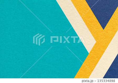 Abstract teal textured paper background with beige, yellow, blue geometric lines, copy space for banner presentation 135334898