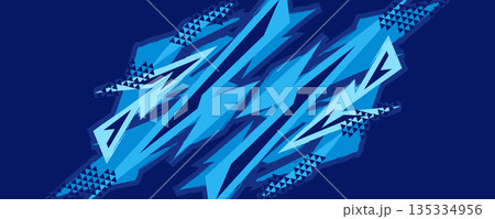 Energetic Abstract Sports Background with Blue Abstract Lightning Shapes on Dark Blue Background. Suitable for Sport or Fight Event Banner or Poster Design 135334956