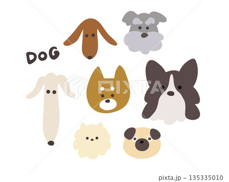 さまざまな犬種のかわいい犬の顔 フラットデザインイラストセット 135335010