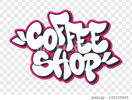 Coffee shop in graffiti style text with halo on transparent background design. Coffee shop in graffiti style text with halo on transparent background design. 135335045