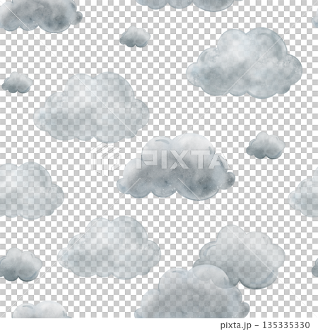 Seamless pattern with Blue Grey Air Clouds. Cute baby's repeat ornaments Isolated hand drawn Watercolor illustration. Design for kid's goods, textiles, cards, baby shower and children's room 135335330