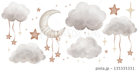 Thunderclouds Grey Air Clouds and stars. Cute baby's set with moon with red and yellow stars tied to a ribbon. Isolated hand drawn Watercolor illustration. Design for kid's or baby shower Thunderclouds Grey Air Clouds and stars. Cute baby's set with moon with red and yellow stars tied to a ribbon. Isolated hand drawn Watercolor illustration. Design for kid's or baby shower 135335331