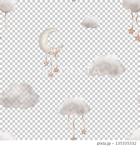 Seamless pattern with Grey Air Clouds and moon. Cute baby's repeat ornaments with stars. Isolated hand drawn Watercolor illustration. Design for kids goods, textiles, children's room Seamless pattern with Grey Air Clouds and moon. Cute baby's repeat ornaments with stars. Isolated hand drawn Watercolor illustration. Design for kids goods, textiles, children's room 135335332