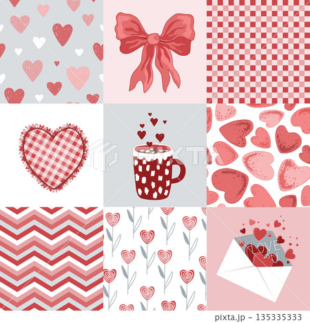 Valentine Day Patchwork Quilt Seamless Doodle Pattern. Romantic Patch Duvet Design. Vector background. Geometric Checkered Print Valentine Day Patchwork Quilt Seamless Doodle Pattern. Romantic Patch Duvet Design. Vector background. Geometric Checkered Print 135335333