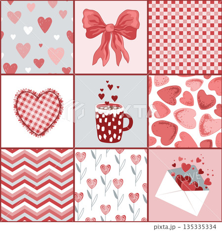 Valentine Day Patchwork Quilt Seamless Doodle Pattern. Romantic Patch Duvet Design. Vector background. Geometric Checkered Print. 135335334