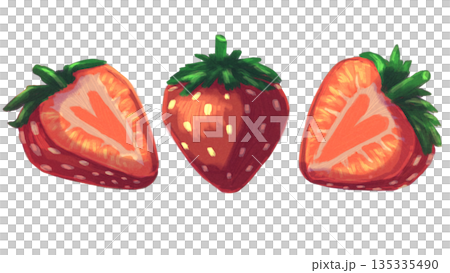 Stylized strawberry illustration showing whole and halved berries isolated on transparent background with painted texture vibrant red fruit for food design packaging health nutrition dessert concepts Stylized strawberry illustration showing whole and halved berries isolated on transparent background with painted texture vibrant red fruit for food design packaging health nutrition dessert concepts 135335490