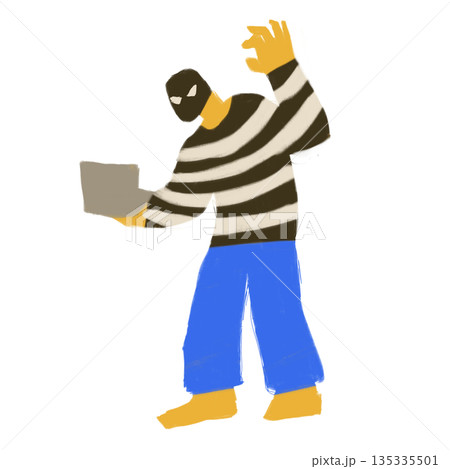 Stylized illustration of internet fraud showing masked criminal holding laptop isolated on white background for cybersecurity crime prevention hacking scam warning digital safety concept artwork kits 135335501