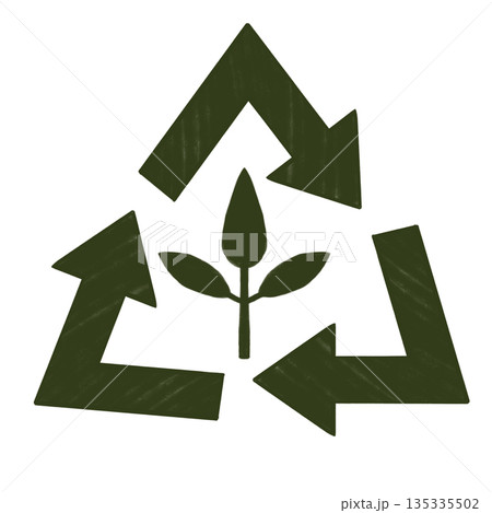 Eco recycling graphic sign with circular arrows and minimalistic green leaves symbol in the center isolated on white background representing sustainability reuse environmental care modern flat design 135335502