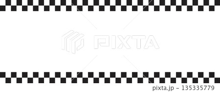Top and bottom borders with rally flag or chessboard print. Chess game or sport car competition background with empty space in center. Black and white checkered pattern. Vector graphic illustration 135335779