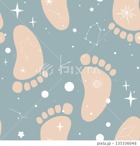Seamless pattern with boho baby feet and space symbols. Baby footprints with galaxy stars imprints. Neutral beige pastel colors. Vector illustration background 135336048