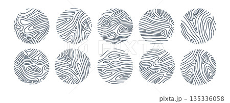 Set of abstract line art designs featuring tree wood textures. Linear hand drawn vector illustration. 135336058