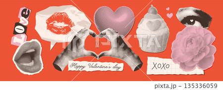 Valentines Day retro halftone collage stickers set. Trendy mixed media art torn paper cutout - hands , heart, cupcake, flower, mouth. Holiday 80s 90s pop style elements. Vector Valentines Day retro halftone collage stickers set. Trendy mixed media art torn paper cutout - hands , heart, cupcake, flower, mouth. Holiday 80s 90s pop style elements. Vector 135336059