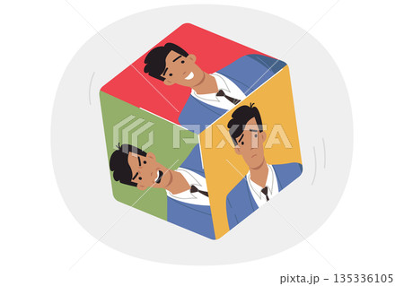 Emotional man on different dice dice, for concept chaotic emotions and bipolar disorder in behavior 135336105