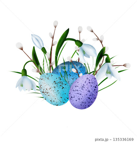 Easter composition with a colourful eggs, snowdrop flowers and willow vines. Watercolor 135336169
