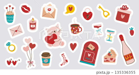 A Set of cute love stickers set for daily planner and diary. Cute hearts, champagne, balloons, gifts, cat, mailbox and coffee cups. Flat vector illustrations isolated on white background. 135336355