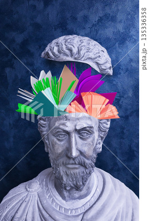 Abstract human antique statue and books. Creative idea symbol, art design or collage. Mental Health, thinking, psychology, education, intellectual development concept 135336358