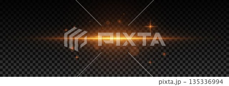 Golden flash effect on a horizontal line of light. On a transparent background. 135336994