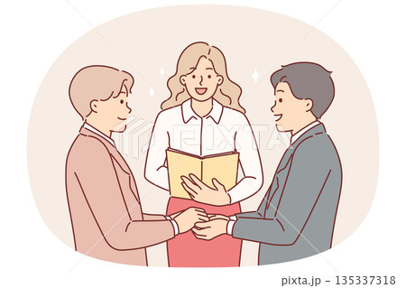Gay men at wedding ceremony and creation new family, standing near woman registering LGBT marriage 135337318